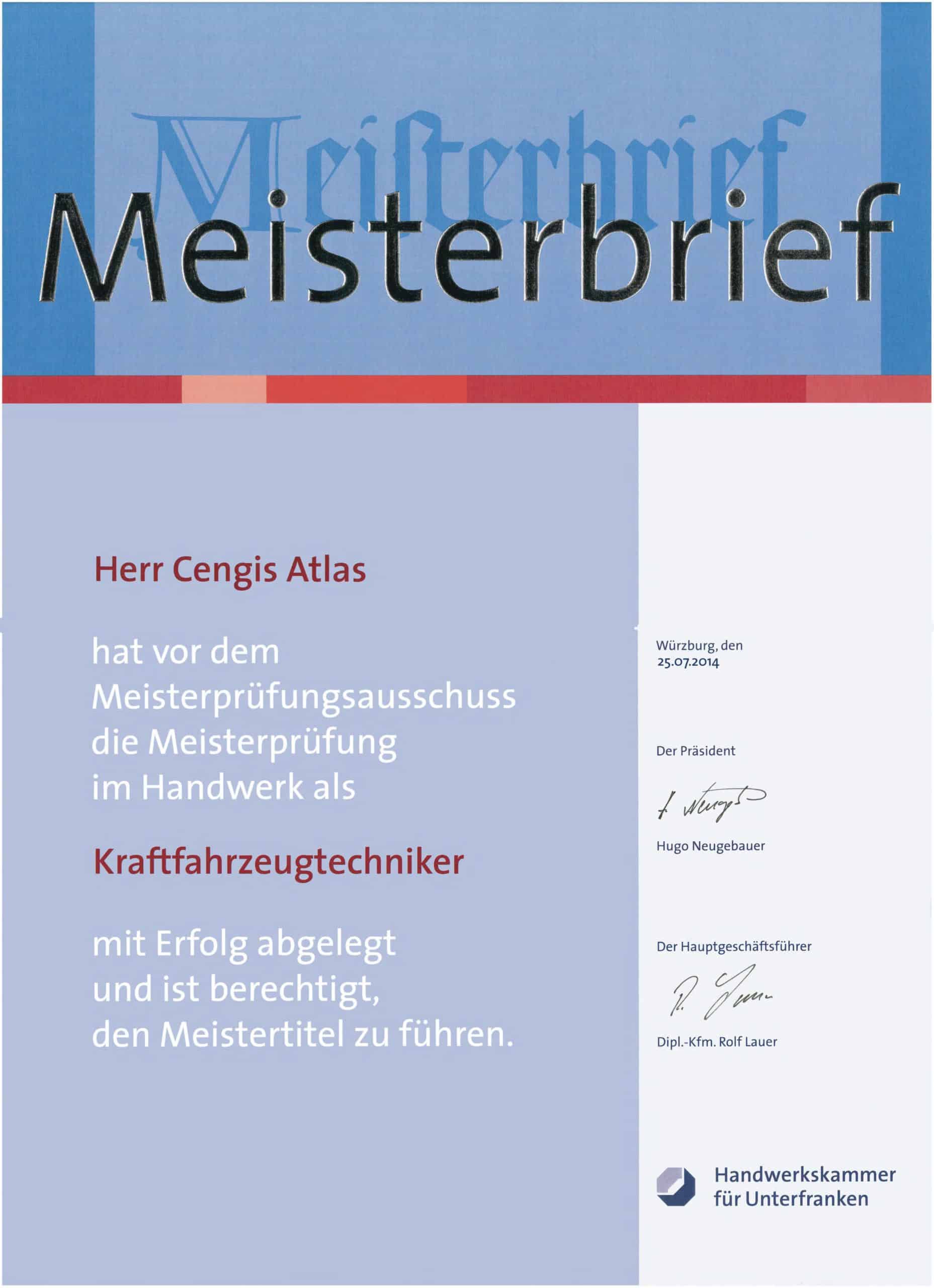 Meisterbrief KFZ-Mechatroniker